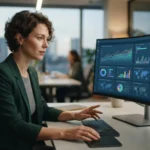 Ilustração de uma tela de computador exibindo dashboards de análises de dados e gráficos representando visibilidade de marcas