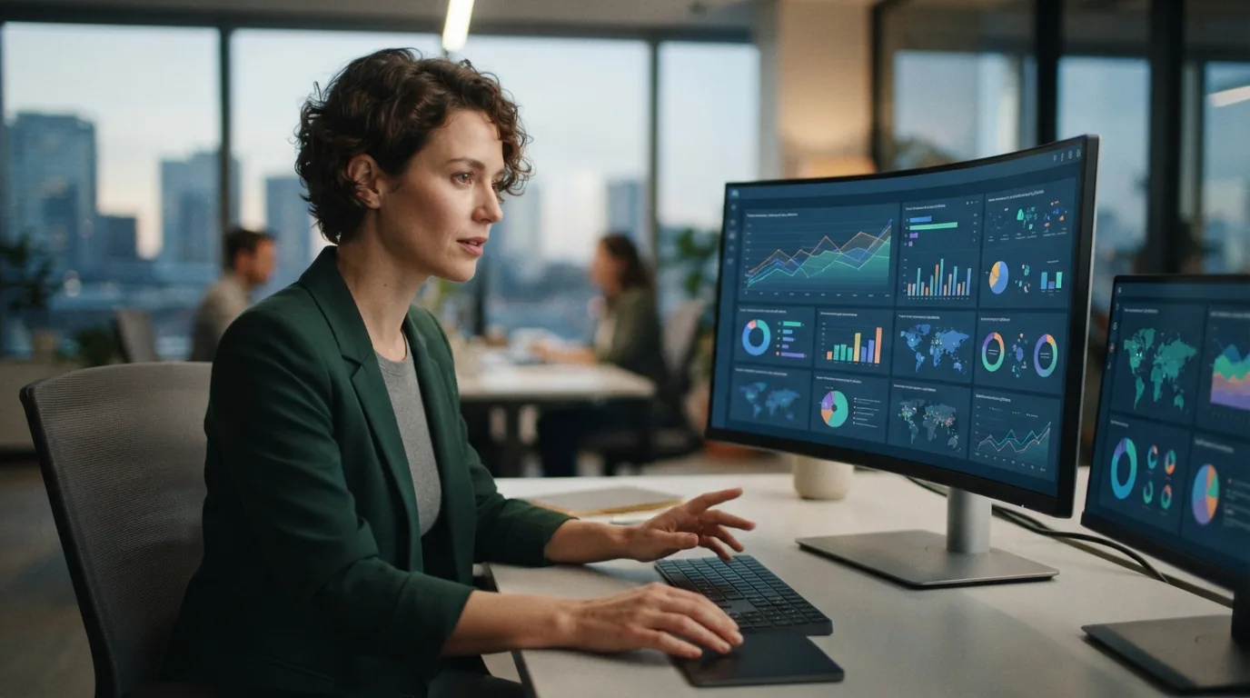 Ilustração de uma tela de computador exibindo dashboards de análises de dados e gráficos representando visibilidade de marcas