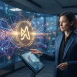 Representação visual de uma empresa sendo destaque em uma rede de dados conectados a inteligências artificiais generativas co