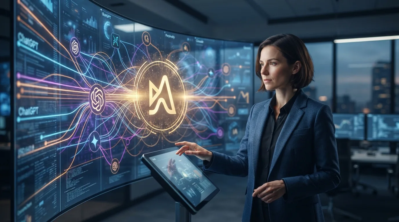 Representação visual de uma empresa sendo destaque em uma rede de dados conectados a inteligências artificiais generativas co