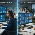 Ilustração de uma tela dividida mostrando análise de dados e algoritmos de IA personalizando recomendações para diferentes pú