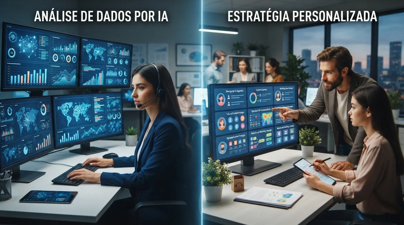 Ilustração de uma tela dividida mostrando análise de dados e algoritmos de IA personalizando recomendações para diferentes pú