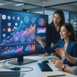 Gráfico comparativo digital com ícones de inteligência artificial e análise de desempenho SEO entre empresas concorrentes
