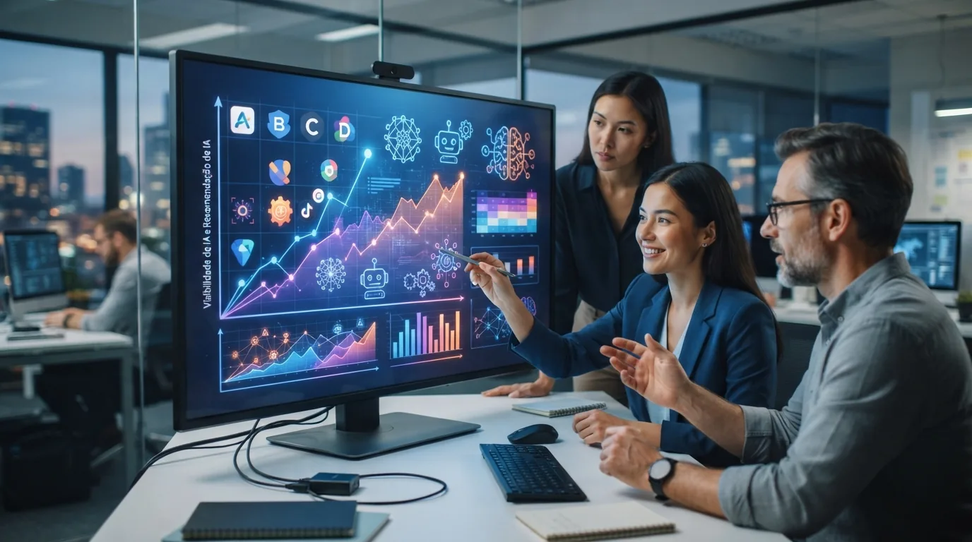 Gráfico comparativo digital com ícones de inteligência artificial e análise de desempenho SEO entre empresas concorrentes