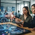 Ilustração de assistentes virtuais conectando marcas digitais diversas, destacando relações de recomendação entre IA e presen