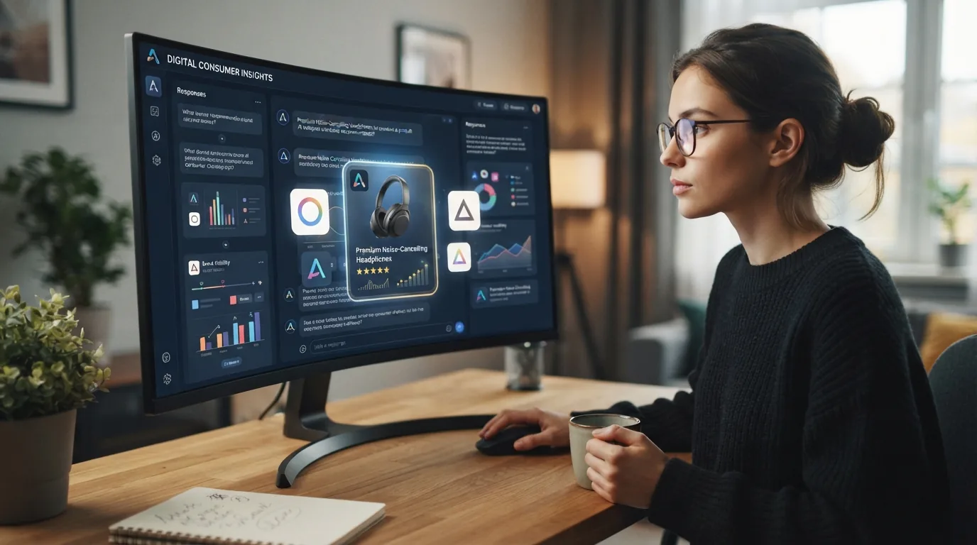 Ilustração mostrando uma interface de inteligência artificial exibindo várias respostas com menções a marcas diferentes, dest