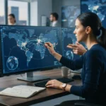 Mapas interativos com dados de geolocalização sobrepostos a ícones de marcas e elementos de inteligência artificial