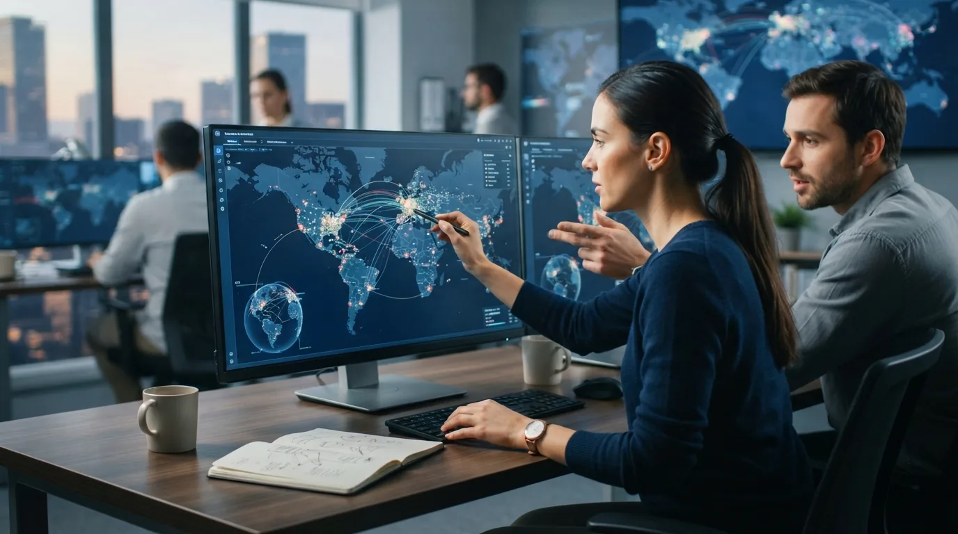 Mapas interativos com dados de geolocalização sobrepostos a ícones de marcas e elementos de inteligência artificial