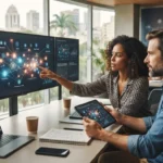 Ilustração que mostra a interação entre empresas brasileiras e sistemas de inteligência artificial, destacando análise de dad