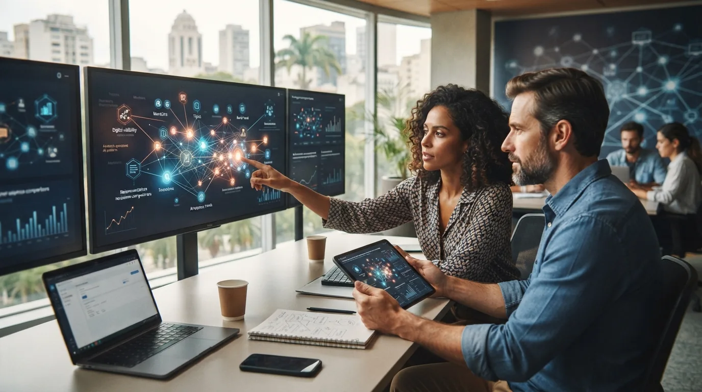 Ilustração que mostra a interação entre empresas brasileiras e sistemas de inteligência artificial, destacando análise de dad