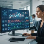 Representação visual de uma empresa sendo mencionada em diferentes inteligências artificiais, com gráficos e alertas de monit