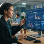 Interface moderna de plataforma digital exibindo análises de menções e recomendações de marca em inteligências artificiais, d