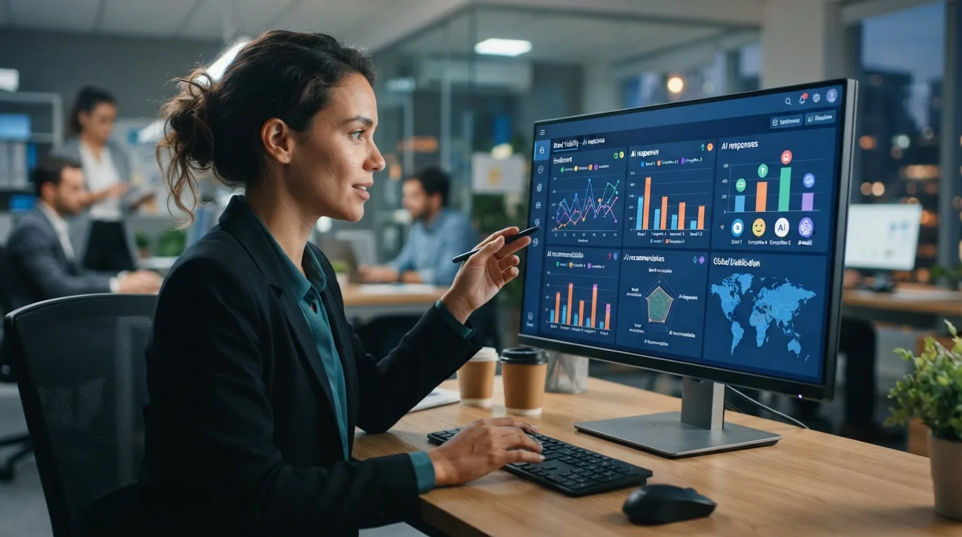 Interface moderna de plataforma digital exibindo análises de menções e recomendações de marca em inteligências artificiais, d