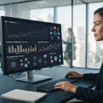 Ilustração de um dashboard digital exibindo métricas de monitoramento de visibilidade de marca em inteligência artificial, co