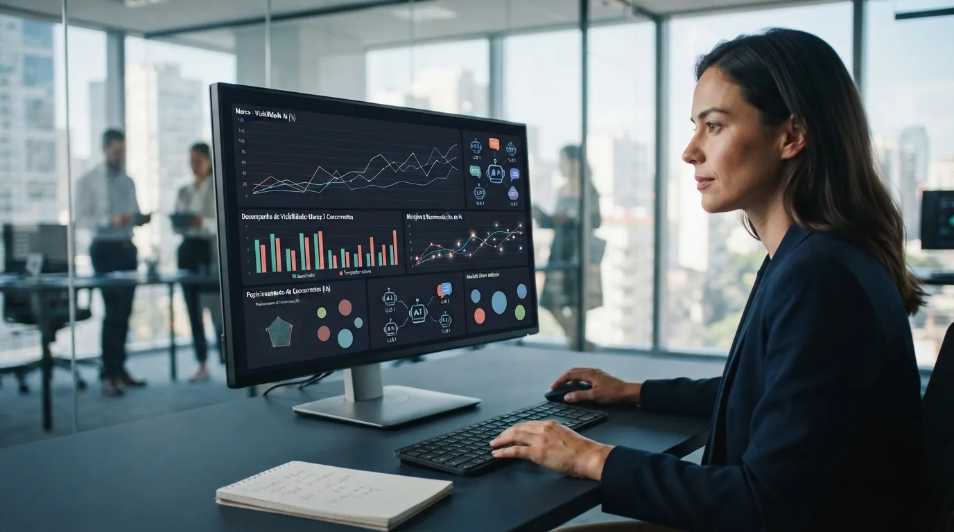 Ilustração de um dashboard digital exibindo métricas de monitoramento de visibilidade de marca em inteligência artificial, co