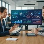 Ilustração de uma empresa conectada a múltiplas inteligências artificiais, com gráficos e análises digitais representando o m