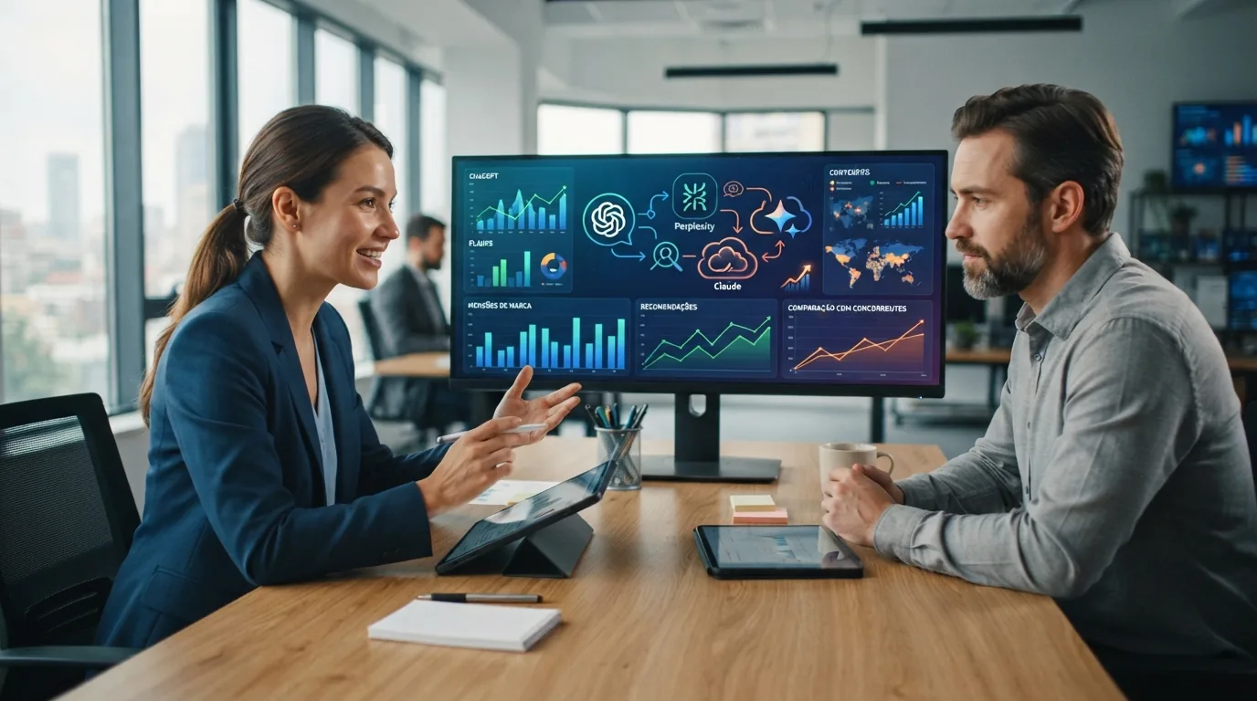 Ilustração de uma empresa conectada a múltiplas inteligências artificiais, com gráficos e análises digitais representando o m