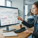 Imagem ilustrativa de um dashboard digital com gráficos de SEO, análises de IA e comparações de desempenho entre marcas