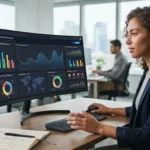 Ilustração de uma tela de computador exibindo um painel de controle de monitoramento de marca em assistentes virtuais, com gr