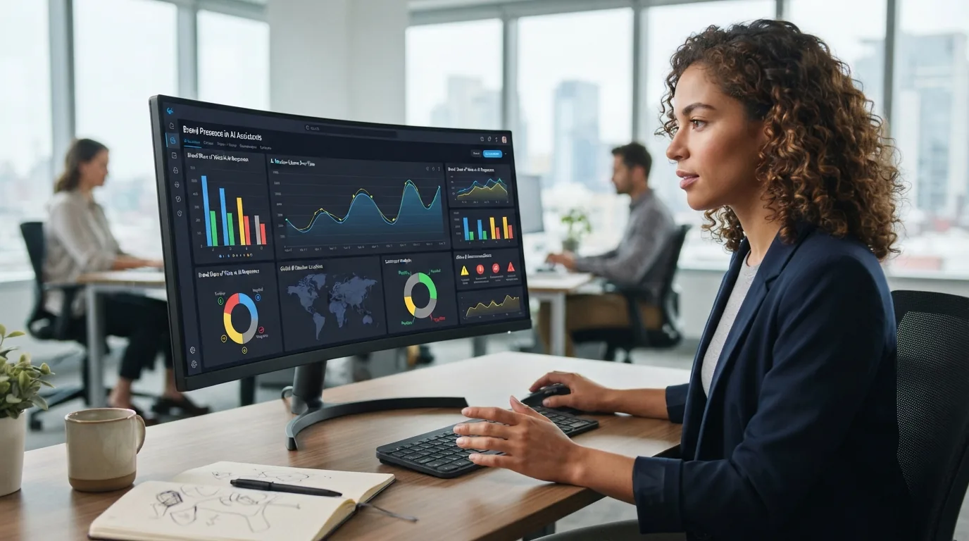 Ilustração de uma tela de computador exibindo um painel de controle de monitoramento de marca em assistentes virtuais, com gr