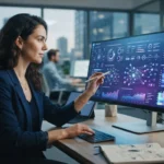 Ilustração representando análise de menções de marca em interface digital de inteligência artificial com gráficos e indicador