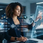 Imagem ilustrativa de uma assistente virtual interagindo com gráficos e dados digitais representando a análise da visibilidad