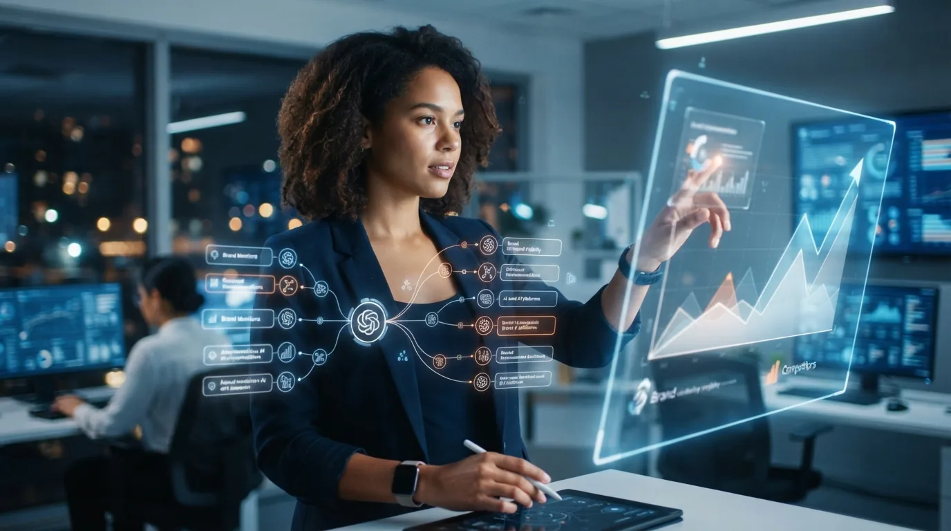 Imagem ilustrativa de uma assistente virtual interagindo com gráficos e dados digitais representando a análise da visibilidad
