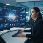 Ilustração de uma marca sendo analisada e monitorada em gráficos digitais com elementos de inteligência artificial ao fundo