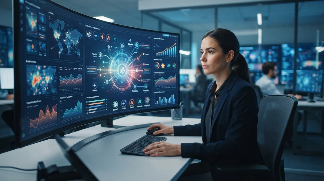 Ilustração de uma marca sendo analisada e monitorada em gráficos digitais com elementos de inteligência artificial ao fundo