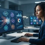 Representação visual de uma marca sendo monitorada em várias redes neurais de inteligências artificiais, com gráficos de anál