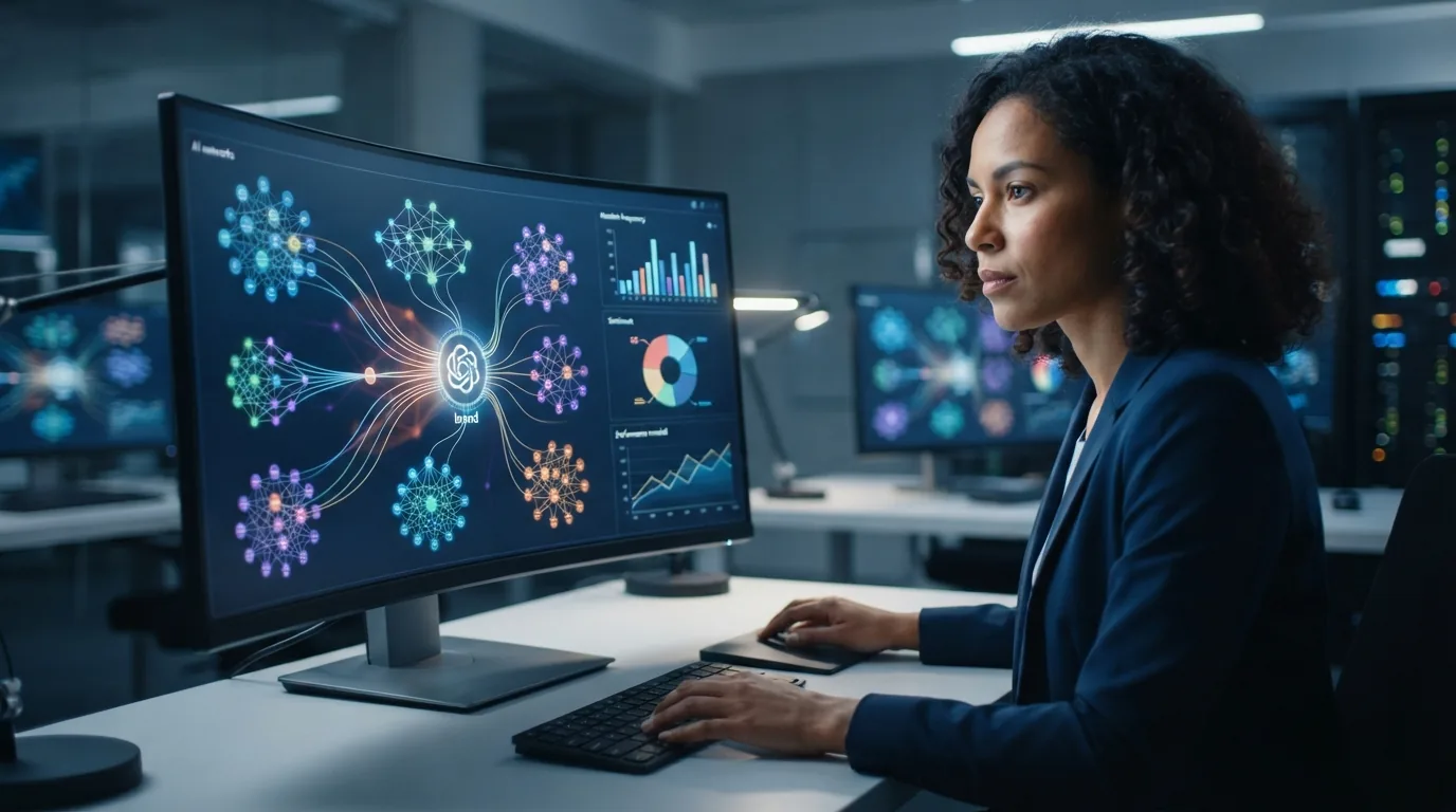 Representação visual de uma marca sendo monitorada em várias redes neurais de inteligências artificiais, com gráficos de anál