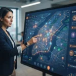 Imagem ilustrativa mostrando um mapa digital integrado a uma interface de inteligência artificial que exibe recomendações per