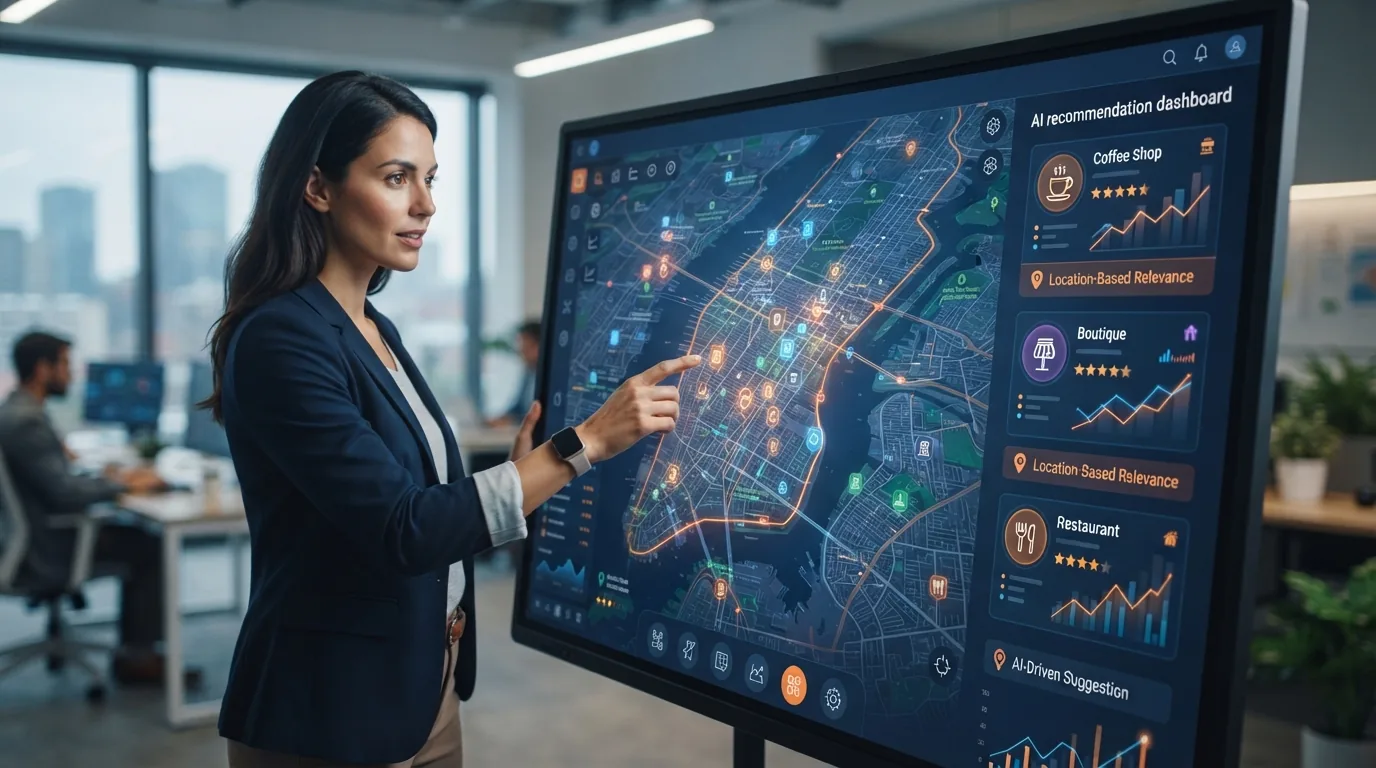 Imagem ilustrativa mostrando um mapa digital integrado a uma interface de inteligência artificial que exibe recomendações per
