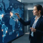 Mapa digital com indicadores geográficos destacando áreas de monitoramento e análise de presença em respostas de IA para empr