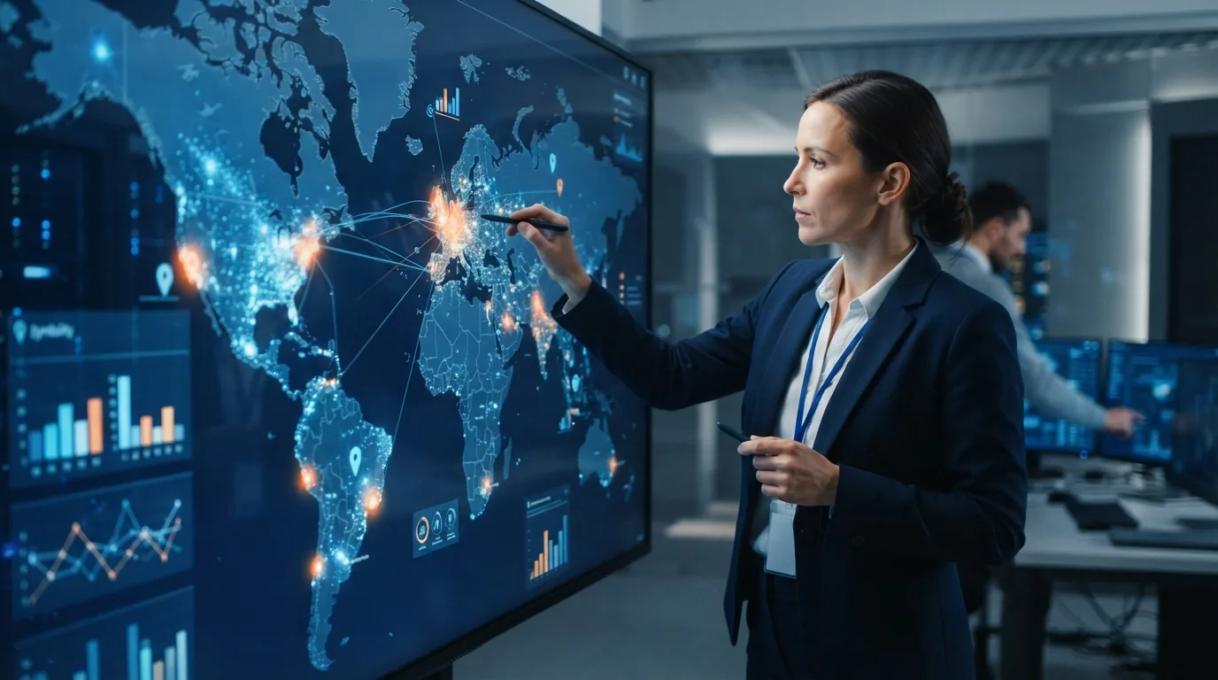 Mapa digital com indicadores geográficos destacando áreas de monitoramento e análise de presença em respostas de IA para empr