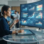 Ilustração de gráficos digitais interativos sendo analisados por inteligência artificial para comparar desempenho SEO entre m