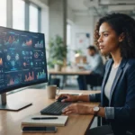 Imagem ilustrativa mostrando uma tela de computador com gráficos e dados analíticos, simbolizando o monitoramento digital e a