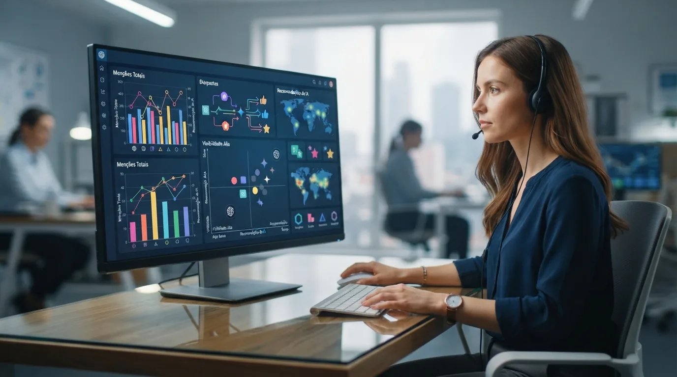 Dashboard digital mostrando comparação de desempenho entre marcas nas respostas de inteligências artificiais, com gráficos e