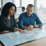 Representação visual de um mapa digital com pontos de dados geoespaciais mostrando marcas concorrentes em diferentes regiões
