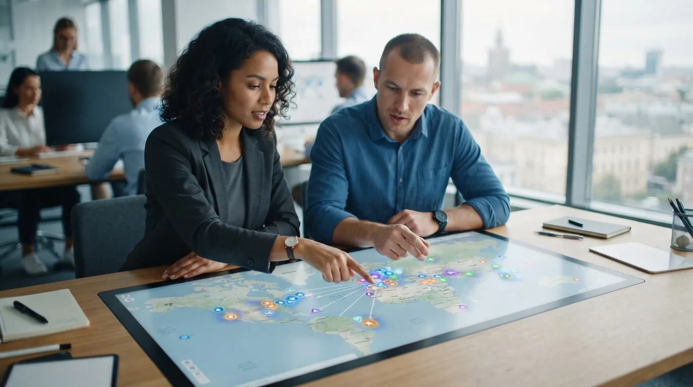 Representação visual de um mapa digital com pontos de dados geoespaciais mostrando marcas concorrentes em diferentes regiões