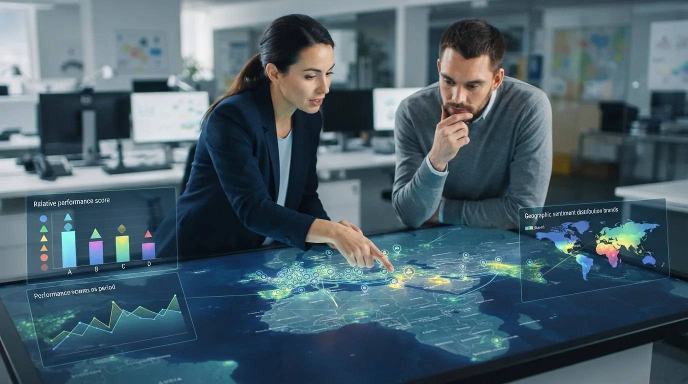 Mapa digital com marcações geoespaciais e gráficos de análise de concorrência em IA
