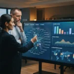 gráfico e painéis digitais ilustrando análise de dados e estratégias de visibilidade de marca em inteligências artificiais