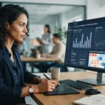 Dashboard de relatório detalhado com gráficos e métricas sobre performance de conteúdo em inteligência artificial