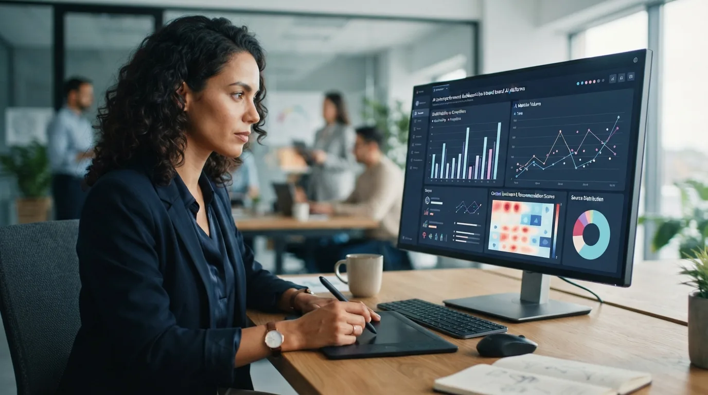 Dashboard de relatório detalhado com gráficos e métricas sobre performance de conteúdo em inteligência artificial