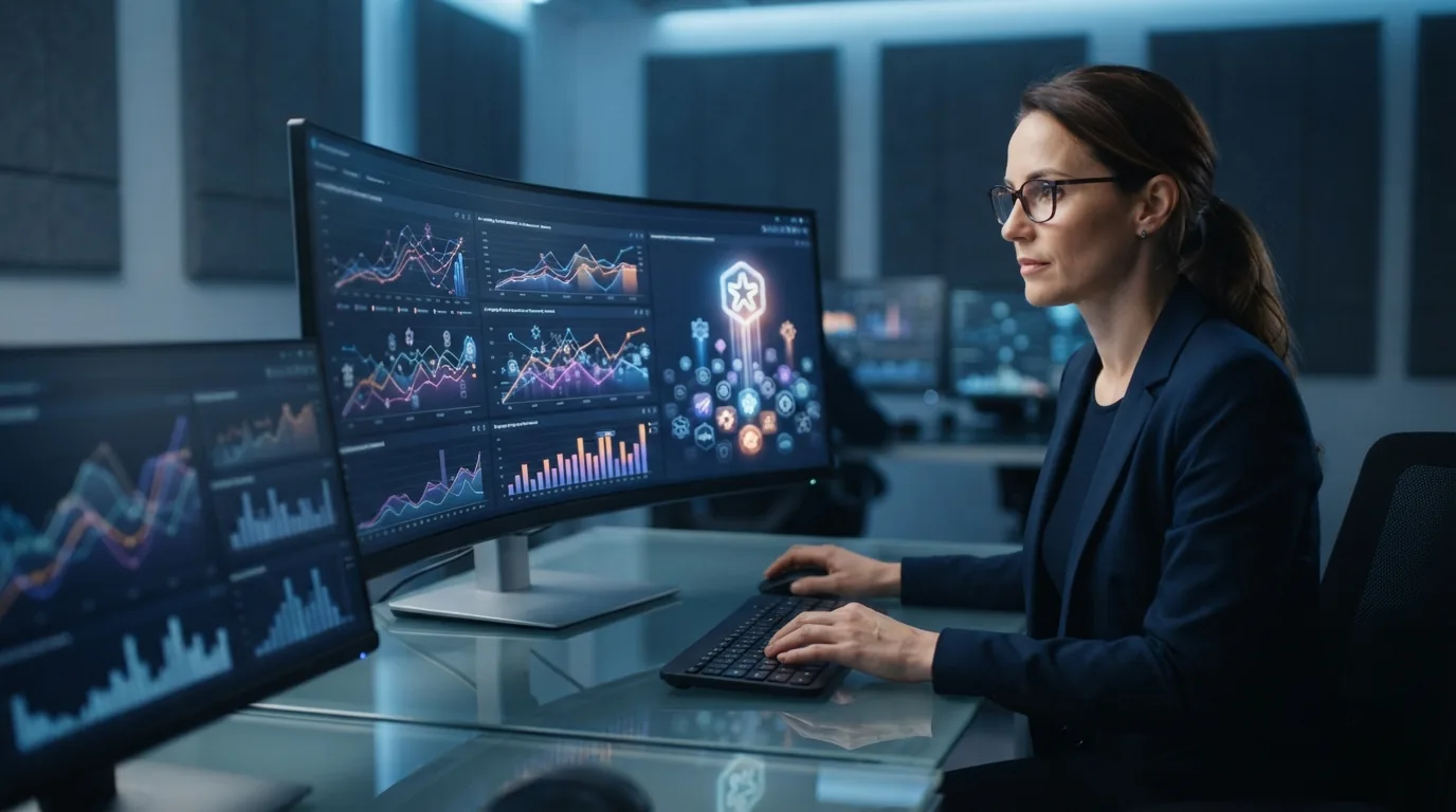 Imagem representando uma marca se destacando em meio a respostas automatizadas de inteligência artificial, com gráficos e íco