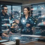 Ilustração que mostra uma empresa analisando gráficos e dados de menções de marca em inteligência artificial, com elementos v