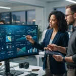 Imagem ilustrativa de uma empresa analisando dados digitais em um painel moderno com gráficos e métricas sobre inteligência a