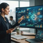 Ilustração de uma marca brasileira destacada em respostas de chatbots de IA, com gráficos de monitoramento digital ao fundo