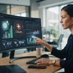 Imagem ilustrativa de uma tela de computador exibindo gráficos de monitoramento digital e ícones de inteligências artificiais