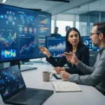 Ilustração de gráficos e dados sendo analisados em telas digitais, representando monitoramento de IA aplicado a SEO corporati